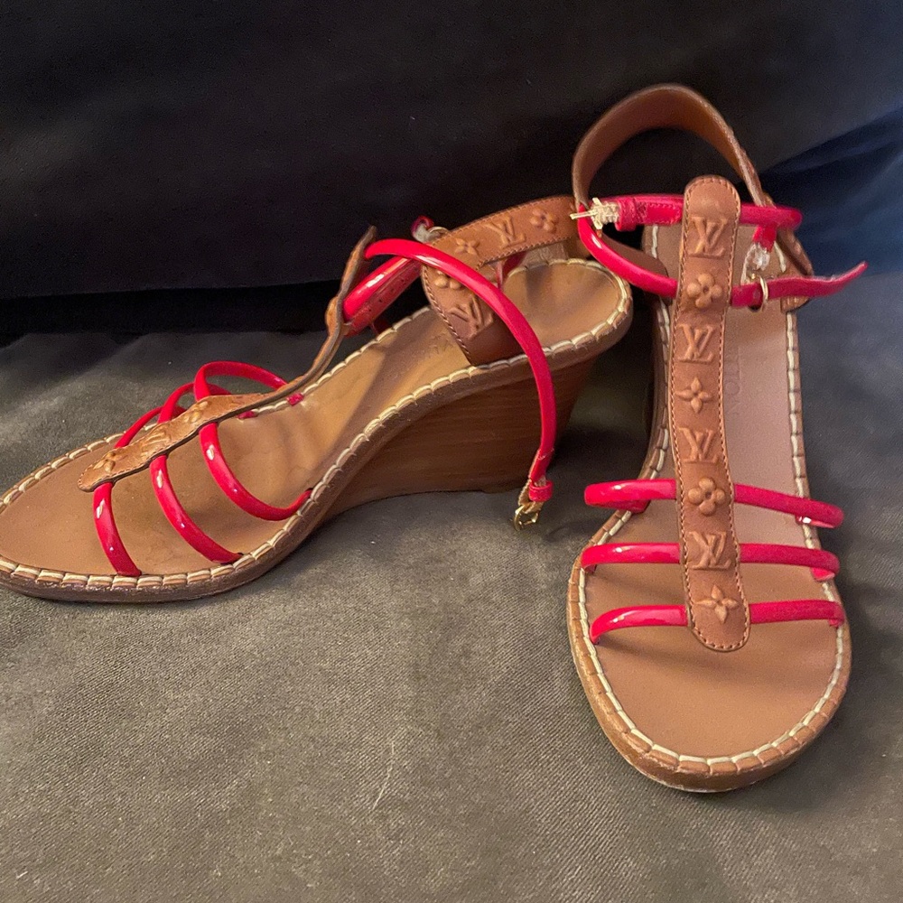 Louis Vuitton Brown Wedge Sandal with Red Straps